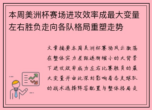 本周美洲杯赛场进攻效率成最大变量左右胜负走向各队格局重塑走势